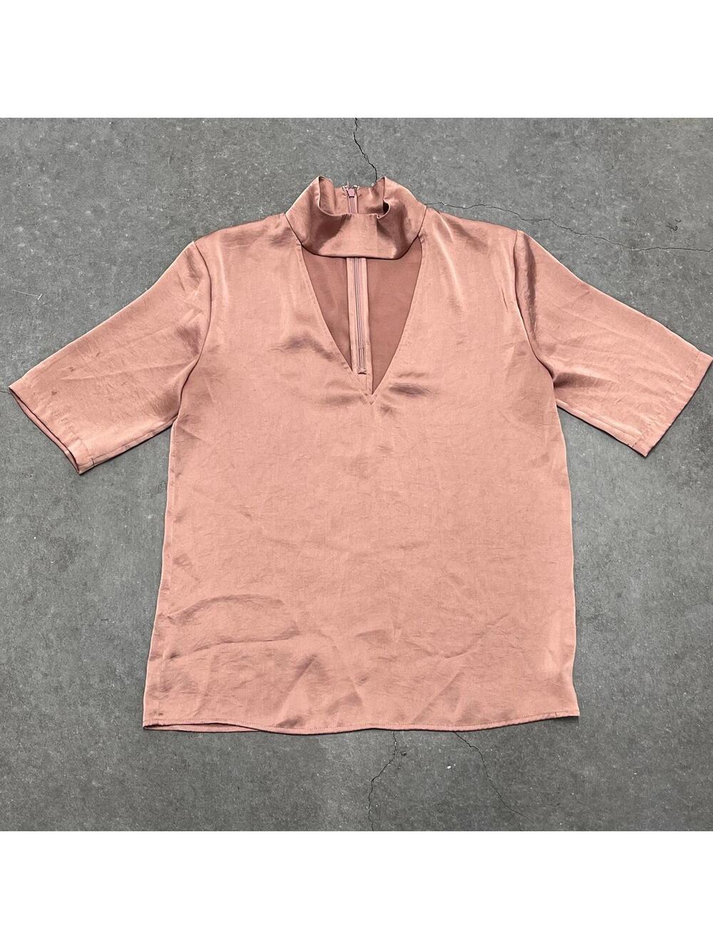 Theory Slit Collar V-Neck Satin Pink Blouse